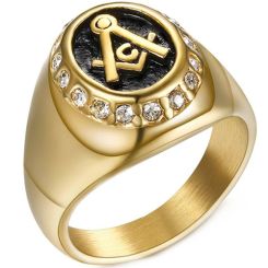 **COI Titanium Black Gold Tone Masonic Freemason Ring With Cubic Zirconia-7112