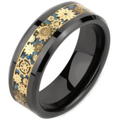 **COI Black Titanium Gold Tone Gears Beveled Edges Ring-7163AA