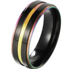 **COI Titanium Black Rainbow Color Gold Tone Step Edges Ring-7174
