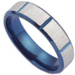 **COI Titanium Blue Silver Grooves Beveled Edges Ring-7193AA