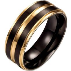 **COI Titanium Black Gold Tone Center Groove Step Edges Ring-7261AA