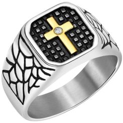 **COI Titanium Gold Tone Silver/Black Cross Ring With Cubic Zirconia-7268AA
