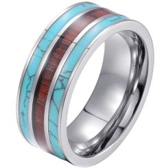 **COI Titanium Pipe Cut Flat Ring With Turquoise and Wood-7272AA