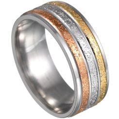 **COI Titanium Gold Tone Rose Silver Sandblasted Grooves Ring-7305