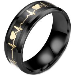 **COI Titanium Black Gold Tone Heartbeat & Heart Beveled Edges Ring-7351BB