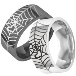 **COI Titanium Black/Silver Spider Web & Heart Pipe Cut Flat Ring-7401BB