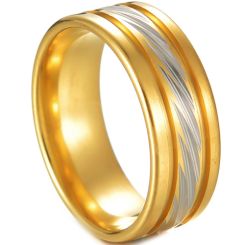 **COI Titanium Gold Tone Silver Grooves Ring-7409BB