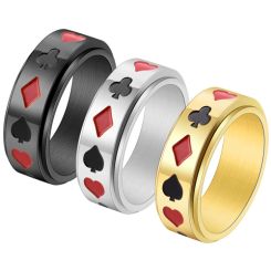 **COI Titanium Black/Gold Tone/Silver Heart Spade Diamond & Club Playing Card Symbols Ring-7432BB