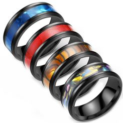 **COI Black Titanium Beveled Edges Ring With Abalone Shell-7487AA