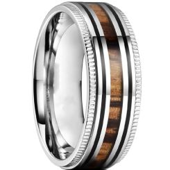 **COI Titanium Black Silver Milgrain Step Edges Ring With Wood-7524BB