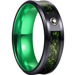 **COI Titanium Black Green Dragon Beveled Edges Ring With Created Green Emerald-7526BB