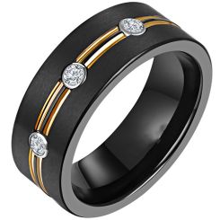 **COI Titanium Black Gold Tone Double Groove Ring With Cubic Zirconia-7542BB