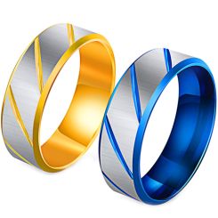 **COI Titanium Blue/Gold Tone Silver Diagonal Grooves Beveled Edges Ring-7543BB