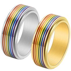 **COI Titanium Black/Gold Tone/Silver Rainbow Color Step Edges Ring-7642BB