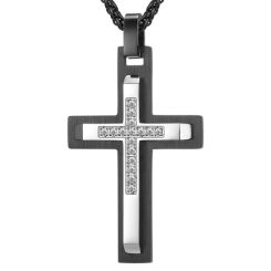 COI Titanium Black Silver Cross Pendant With Cubic Zirconia-7687BB