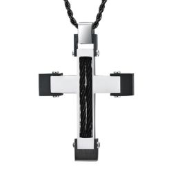 COI Titanium Black Silver Cross Pendant With Wire-7695BB