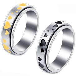 **COI Titanium Black/Gold Tone Silver Hearts Step Edges Ring-7761BB