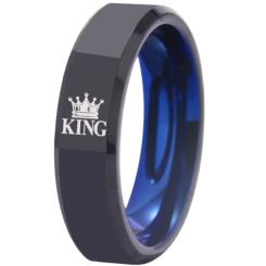 **COI Titanium Black Blue King Queen Crown Beveled Edges Ring-7808BB