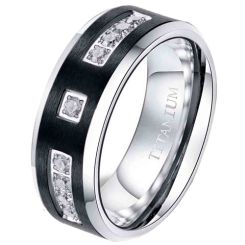**COI Titanium Black Silver Step Edges Ring With Cubic Zirconia-7847BB