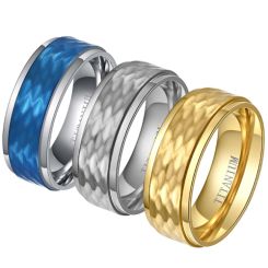 **COI Titanium Blue Silver/Gold Tone/Silver Hammered Step Edges Ring-7884BB