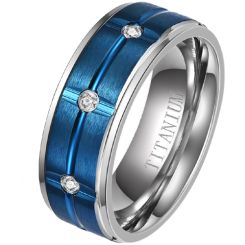 **COI Titanium Blue Silver Grooves Step Edges Ring With Cubic Zirconia-7886BB