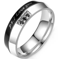 **COI Titanium Black Silver P.S. I Love You Ring With Cubic Zirconia-7890BB