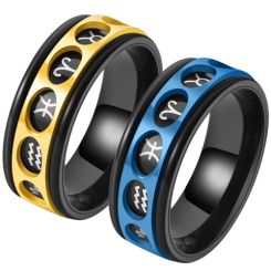 **COI Black Titanium Gold Tone/Blue Zodiac Sign Step Edges Ring-7907BB