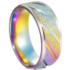 **COI Titanium Black/Gold Tone/Rainbow Color Silver Diagonal Grooves Step Edges Ring-7976BB