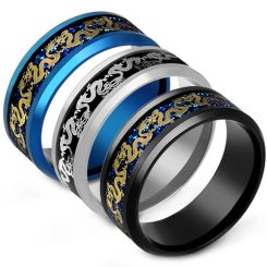 **COI Titanium Black/Blue/Silver Dragon Beveled Edges Ring-7996BB