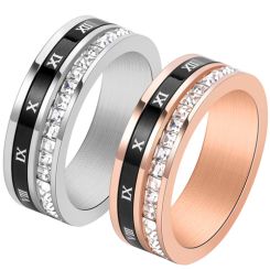 **COI Titanium Black Rose/Silver Roman Numerals Ring With Cubic Zirconia-8049BB