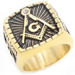 **COI Titanium Black Gold Tone Masonic Freemason Ring-8062BB