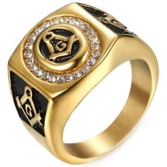 **COI Titanium Black Gold Tone Masonic Freemason Ring With Cubic Zirconia-8063BB