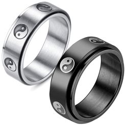 **COI Titanium Black/Silver Ying Yang Step Edges Ring-8065BB