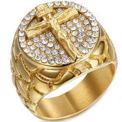 **COI Gold Tone Titanium Jesus Cross Ring With Cubic Zirconia-8069BB