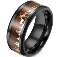 **COI Black Titanium Gold Tone Deer & Forest Scenery Beveled Edges Ring With Wood-8112BB