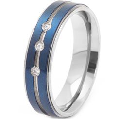 **COI Titanium Black/Blue/Gold Tone Silver Center Groove Step Edges Ring With Cubic Zirconia-8117BB