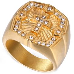 **COI Gold Tone Titanium Cross Ring With Cubic Zirconia-8126BB