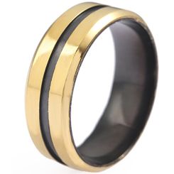 **COI Titanium Black Gold Tone Center Grooves Beveled Edges Ring-8130BB