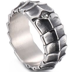 **COI Titanium Black Silver Snake Skin Pattern Ring With Cubic Zirconia-8144BB