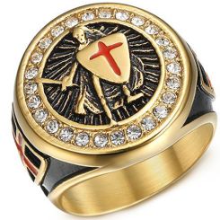 **COI Titanium Gold Tone Black Red Vintage Templar Ring With Cross-8178BB