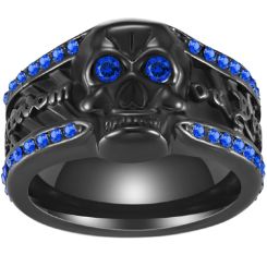 **COI Black Titanium Skull Ring With Created Blue Sapphire-8197BB