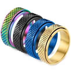 **COI Titanium Black/Gold Tone/Blue/Rainbow Pride Faceted Step Edges Ring-8216BB