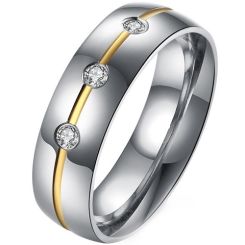 **COI Titanium Gold Tone Silver Center Groove Ring With Cubic Zirconia-8265BB