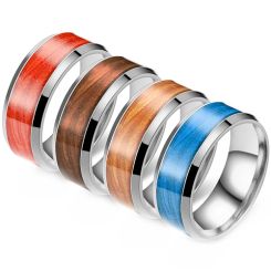 **COI Titanium Beveled Edges Ring With Orange/Blue/Light Brown/Dark Brown Wood-8314BB