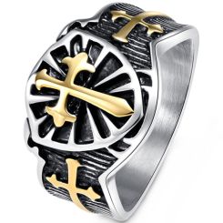 **COI Titanium Black/Gold Tone Silver Ring With Cross-8323BB