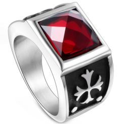 **COI Titanium Black Silver Cross Ring With Created Red Ruby/Blue Sapphire-8335BB