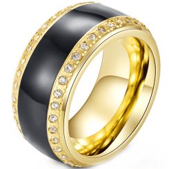 **COI Gold Tone Titanium Black Ceramic Ring With Cubic Zirconia-8339BB