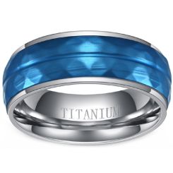 **COI Titanium Blue Silver Faceted Center Groove Step Edges Ring-8358BB