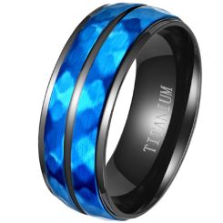 **COI Titanium Black Blue Faceted Center Groove Step Edges Ring-8363BB