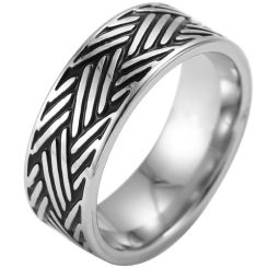 **COI Titanium Black Silver Grooves Ring-8396BB